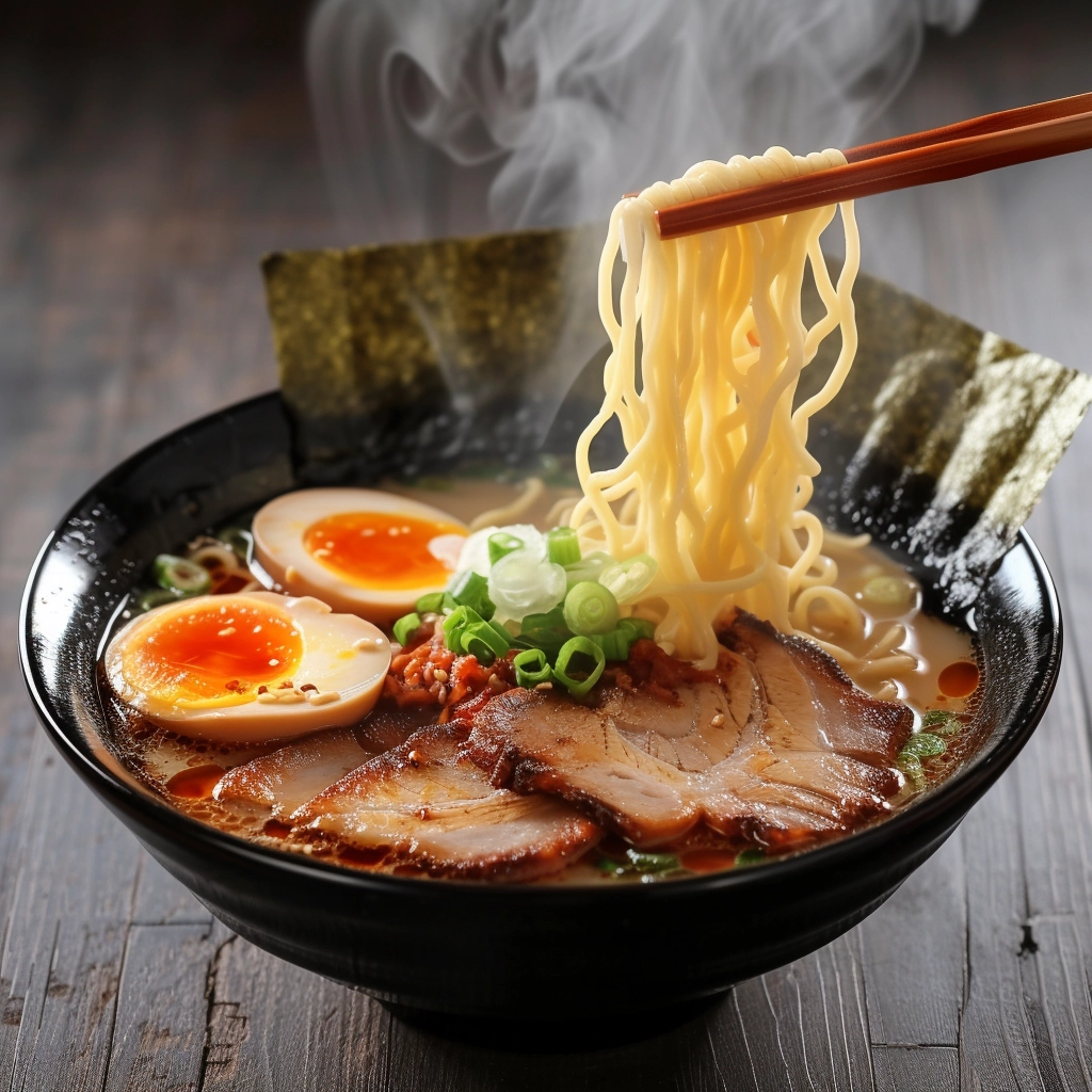 A steaming bowl of ramen noodles, topped with slices of pork, green onions, and seaweed, symbolizing the rich culinary culture of Japan.