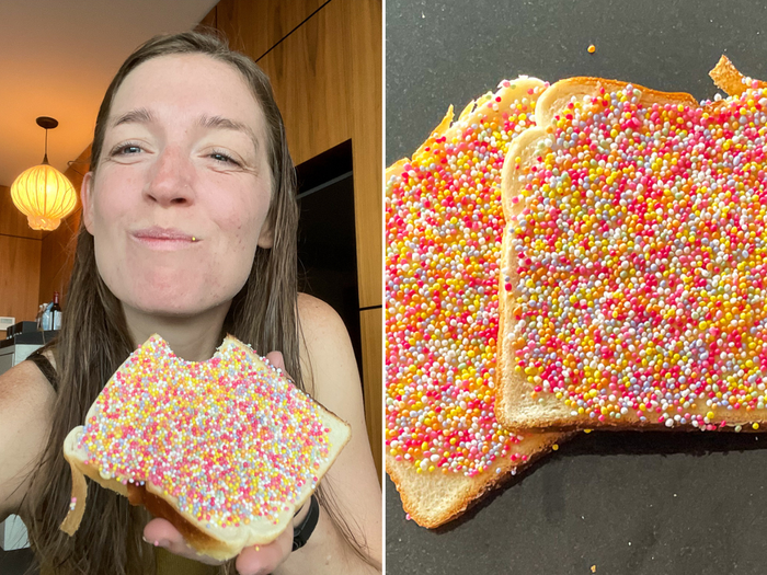 Close-up of Fairy Bread slices topped with colorful rainbow sprinkles.