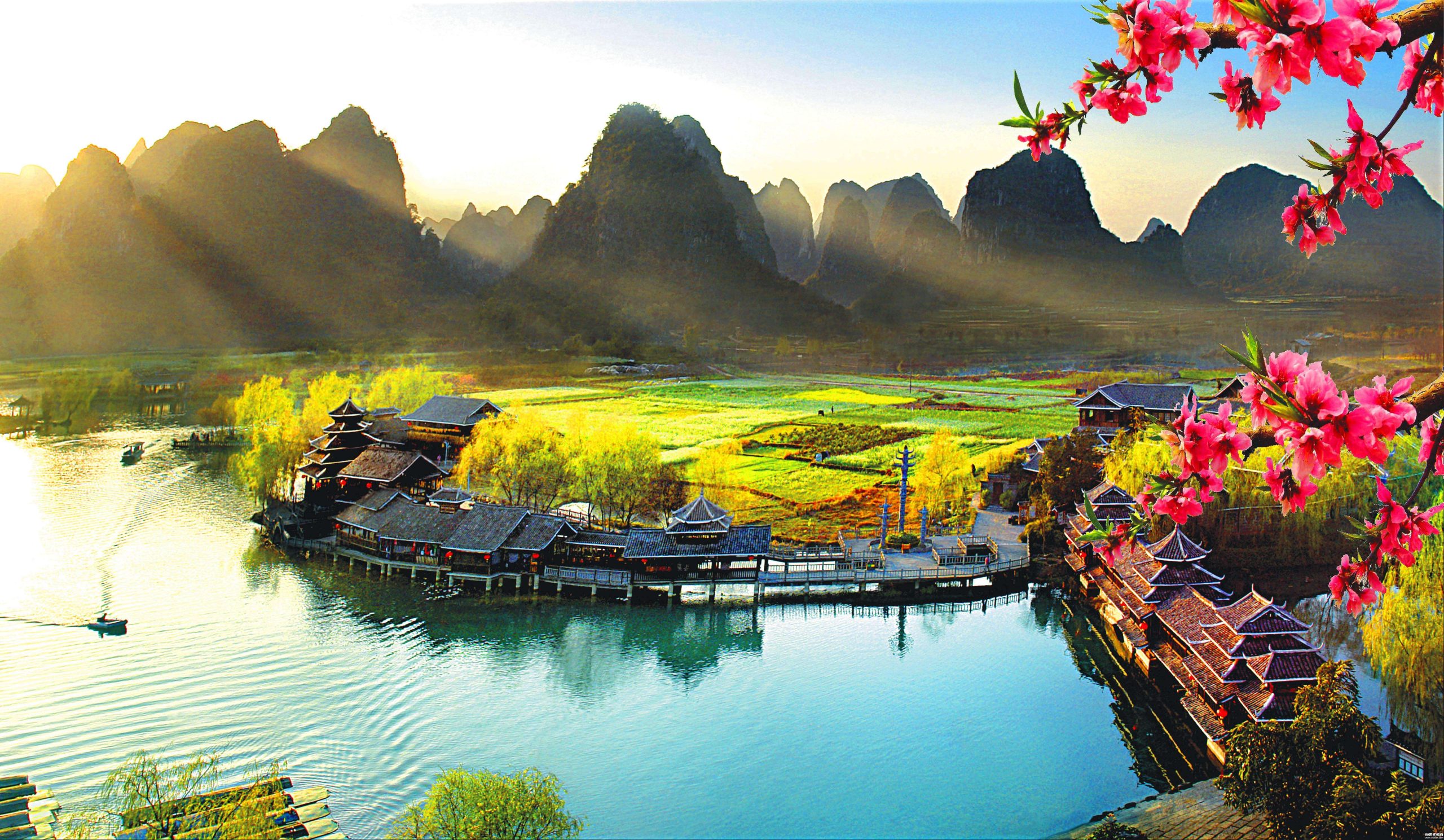 Crystal-clear waters of the Li River winding through karst mountains