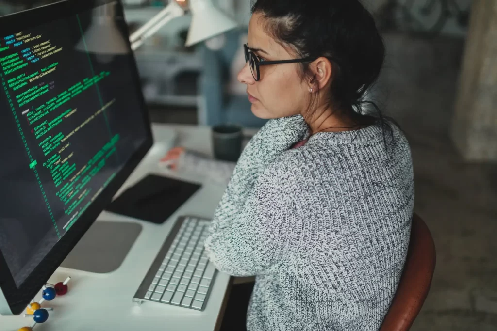 Female tech leader giving an innovative presentation. 