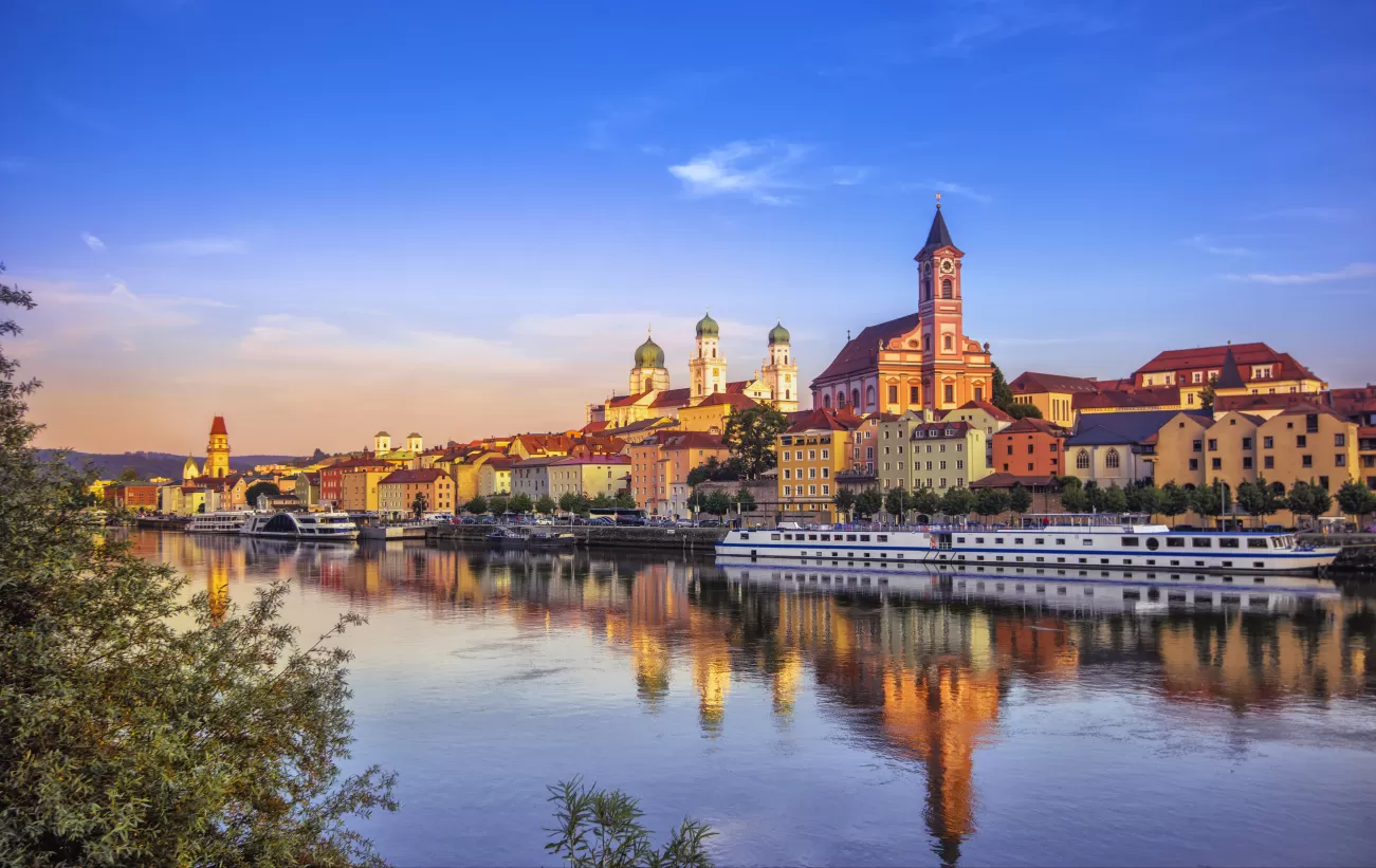 Aerial view of the Danube River winding through Vienna, Austria.