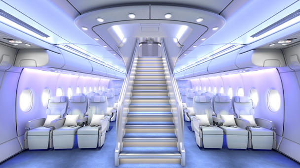 Interior view of an Airbus A380's luxury cabin layout in first class. 