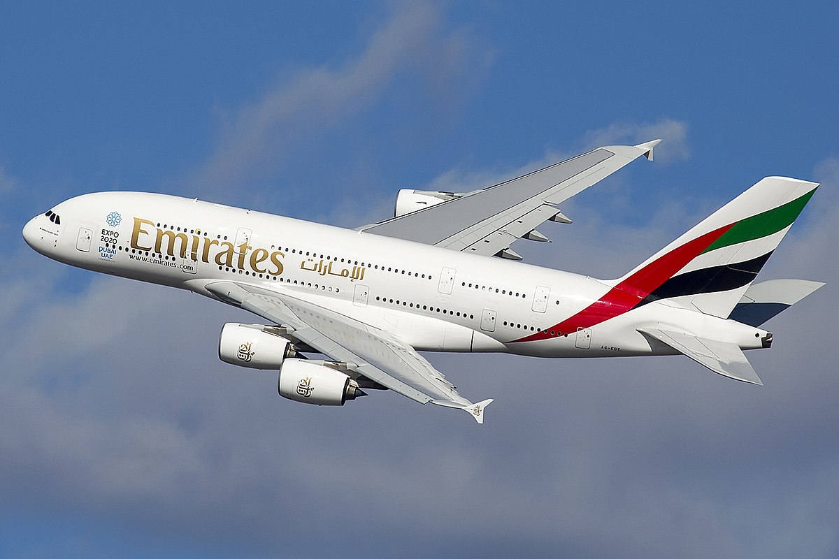 The Airbus A380 during takeoff, highlighting its four-engine power. 